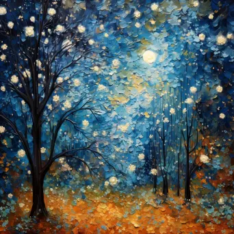 Fall leaves underneath a pastel-colored starry night sky in impressionistic style - Image 3