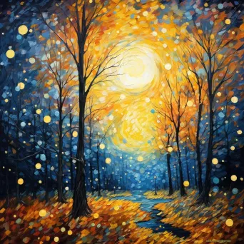 Fall leaves underneath a pastel-colored starry night sky in impressionistic style - Image 4