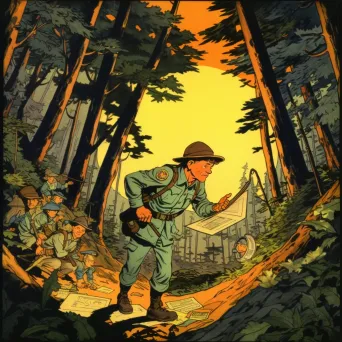 Scout navigating dense forest with campfire in distance - Image 3