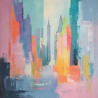 Abstract pastel-colored depiction of a cityscape at dawn - Image 1