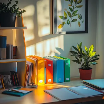 Organized desk corner with colorful file organizers and plants in soft light - Image 1