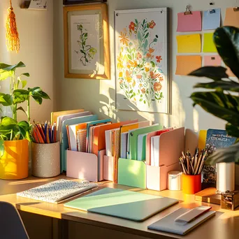 Organized desk corner with colorful file organizers and plants in soft light - Image 3