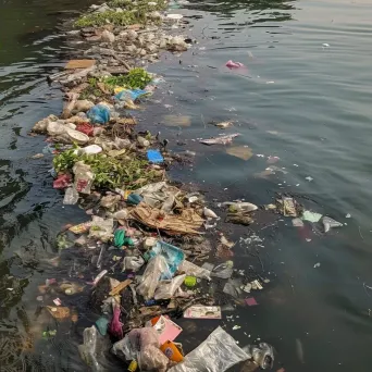 Trash floating in polluted urban river, depicting water pollution - Image 4