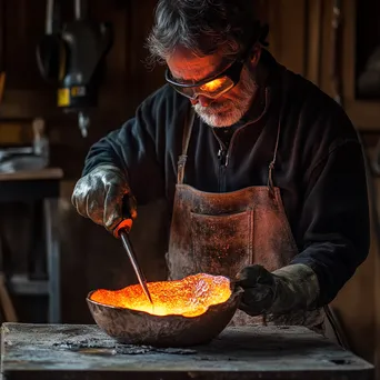 Artisan pouring molten copper into a mold with tools nearby - Image 1