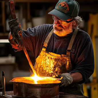 Artisan pouring molten copper into a mold with tools nearby - Image 3