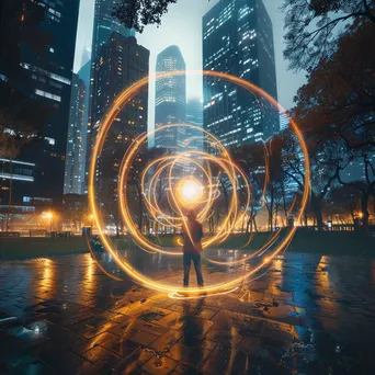 Artist painting with light in a park surrounded by city buildings. - Image 1