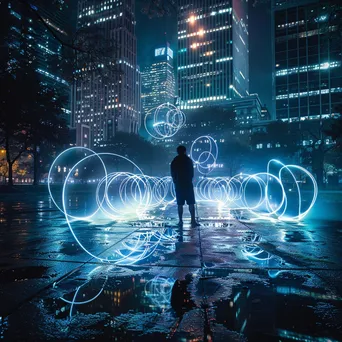 Artist painting with light in a park surrounded by city buildings. - Image 2