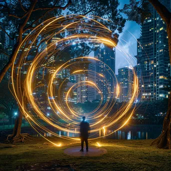 Artist painting with light in a park surrounded by city buildings. - Image 4