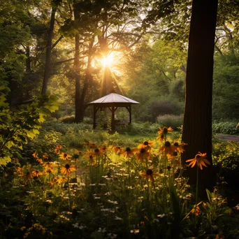 Woodland clearing with a gazebo surrounded by blooming flowers. - Image 3