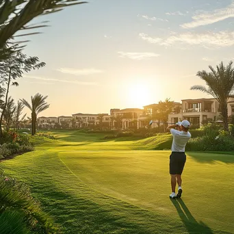 Golfer Swinging at Sunset