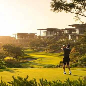 Golfer swinging on a fairway at sunset with luxury villas in the background - Image 2