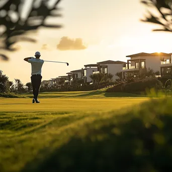 Golfer swinging on a fairway at sunset with luxury villas in the background - Image 3