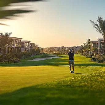 Golfer swinging on a fairway at sunset with luxury villas in the background - Image 4