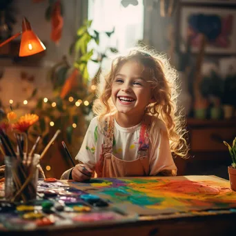 Young girl engaged in an online art class with painting supplies. - Image 2