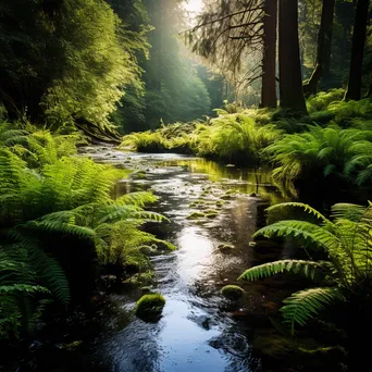 Serene natural spring with ferns and wildflowers under soft sunlight - Image 4