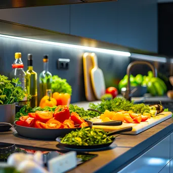 Modern kitchen with chopped vegetables for meal prep. - Image 2