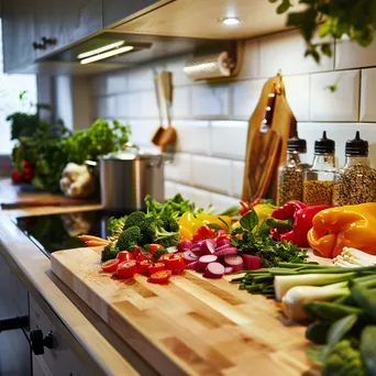 Modern kitchen with chopped vegetables for meal prep. - Image 3