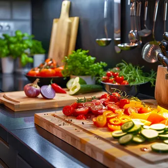 Modern kitchen with chopped vegetables for meal prep. - Image 4