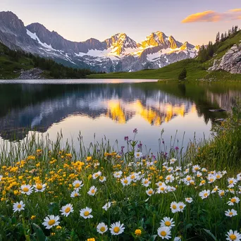 Alpine lake at sunset with reflections of snow-capped peaks and wildflowers - Image 1