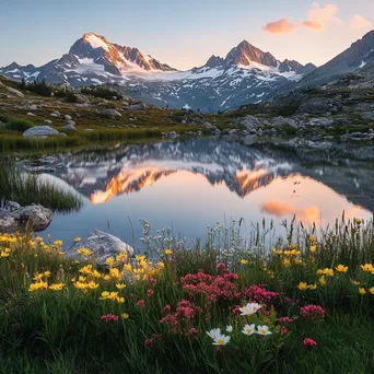 Alpine lake at sunset with reflections of snow-capped peaks and wildflowers - Image 3