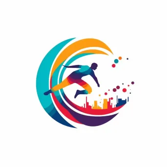 Logo with a silhouette of a child jumping, made up of vibrant, abstract sports shapes. - Image 1