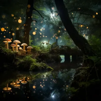 Enchanted forest at twilight with glowing mushrooms and fireflies - Image 1