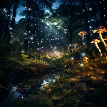 Enchanted forest at twilight with glowing mushrooms and fireflies - Image 3