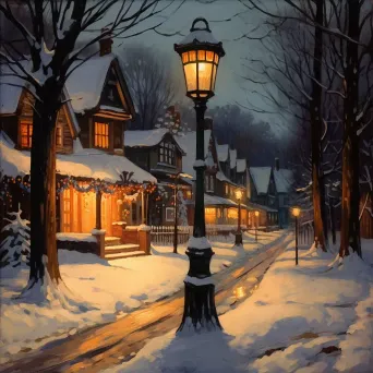 Soft glow of a streetlamp on a snowy evening - Image 1