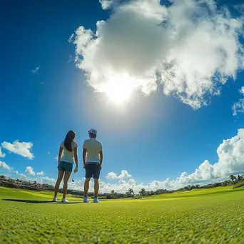 Couple sharing a laugh while playing golf on a vibrant course - Image 2