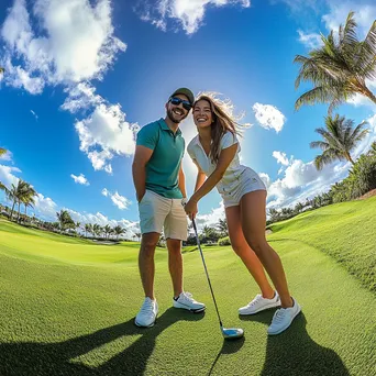 Couple sharing a laugh while playing golf on a vibrant course - Image 3