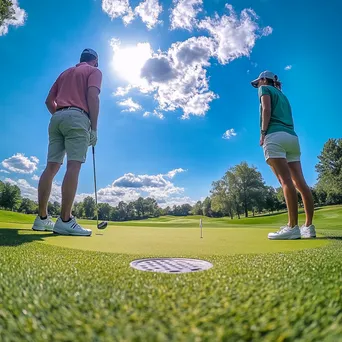 Couple sharing a laugh while playing golf on a vibrant course - Image 4