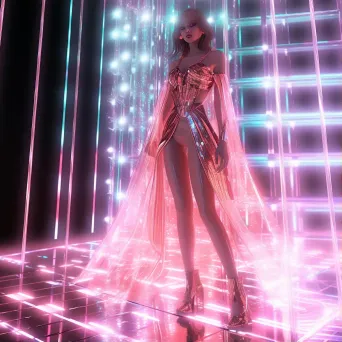 Artwork showcasing a futuristic digital avatar fashion show, with pixel couture parading on a holographic runway - Image 1