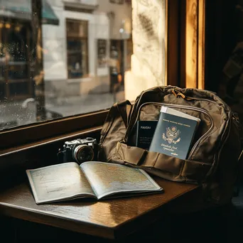 An open travel bag revealing maps and a passport by a café window. - Image 2