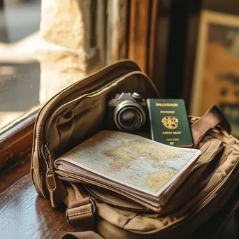 An open travel bag revealing maps and a passport by a café window. - Image 3