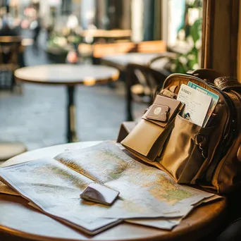 An open travel bag revealing maps and a passport by a café window. - Image 4