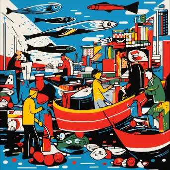 Vibrant depiction of a bustling fishing market in bold Pop Art style - Image 3