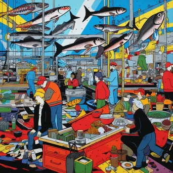 Vibrant depiction of a bustling fishing market in bold Pop Art style - Image 4