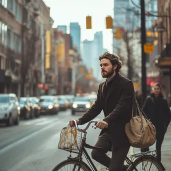 Young man commuting on a vintage bicycle in a bustling city - Image 2