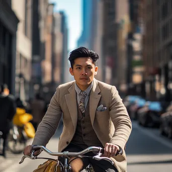 Young man commuting on a vintage bicycle in a bustling city - Image 3