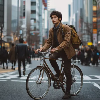 Young man commuting on a vintage bicycle in a bustling city - Image 4