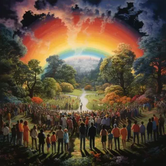 Large diverse group holding hands in circle in green park with rainbow above - Image 4