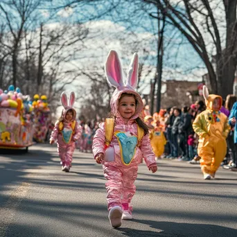 Children in bunny costumes at an Easter parade with colorful floats - Image 2