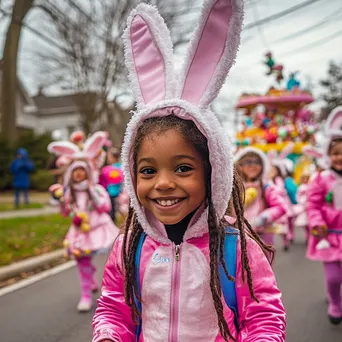 Children in bunny costumes at an Easter parade with colorful floats - Image 3