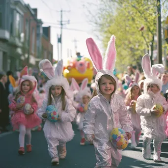 Children in bunny costumes at an Easter parade with colorful floats - Image 4