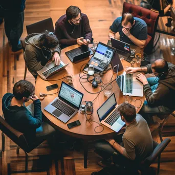 Overhead shot of diverse coders collaborating at a tech meetup - Image 3