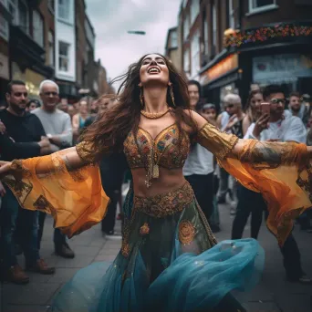 Traditional belly dancer enchanting onlookers on a busy street corner - Image 2