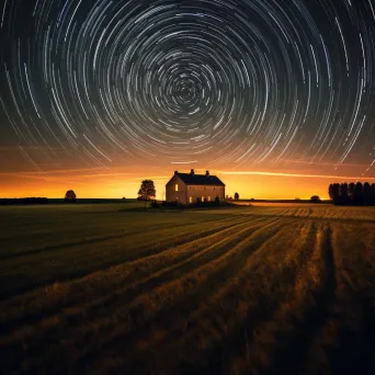 Star trails swirling in a circular pattern above a countryside with a farmhouse - Image 1