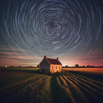 Star trails swirling in a circular pattern above a countryside with a farmhouse - Image 2