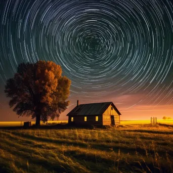 Star trails swirling in a circular pattern above a countryside with a farmhouse - Image 4