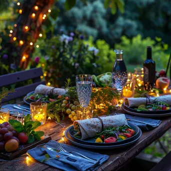 Gourmet salad wraps served on a garden table with lights - Image 1